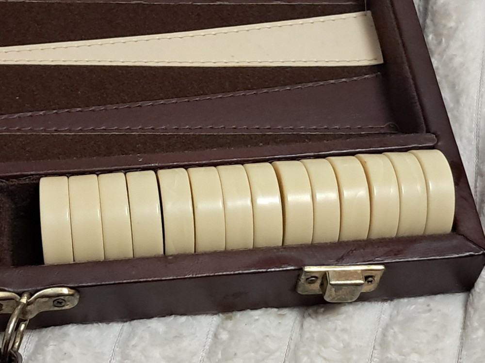 Bakelite Backgammom Gaming Set Complete Leather Bound Stitched