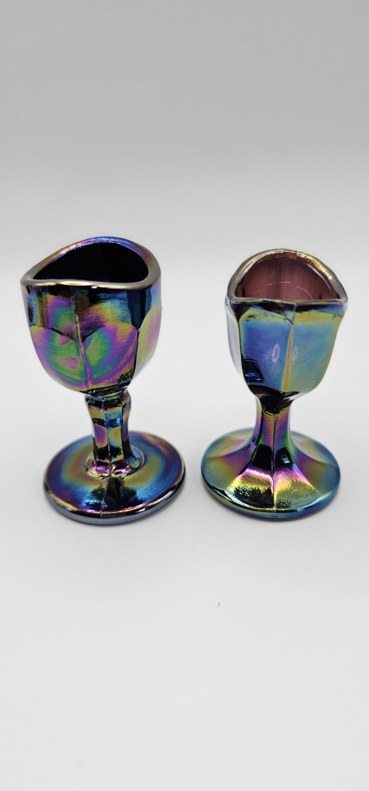Lot 2 VTG Carnival Glass Eye Wash Cups Iridescent Optical Medical Amethyst
