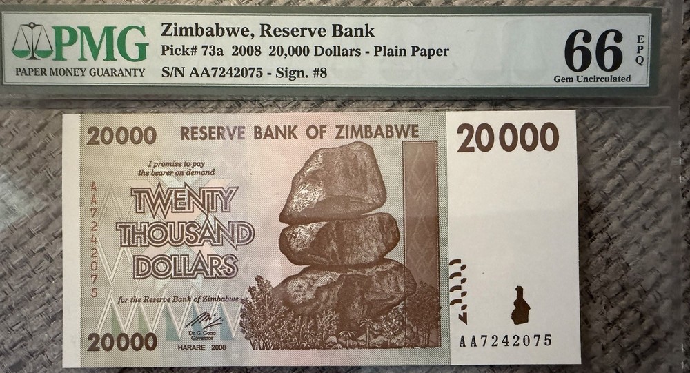 ✨ Zimbabwe 2008 20,000 Dollars — APMG Gem Uncirculated ✨