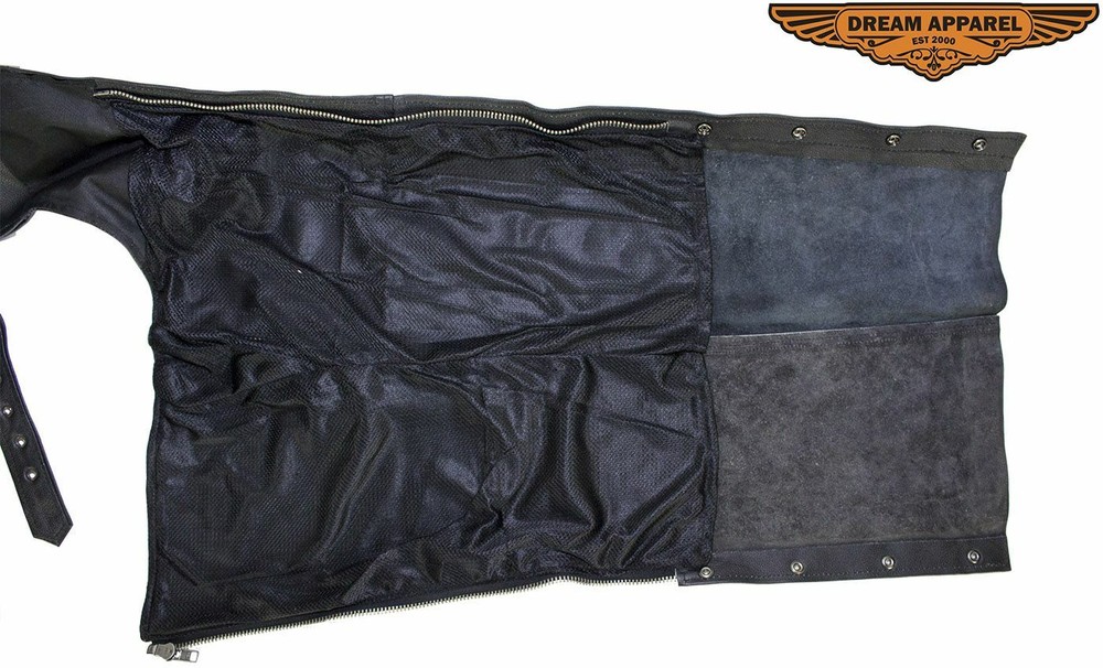 Men's Motorcycle Black Split Leather Chaps with Multiple Pockets and Mesh Lining
