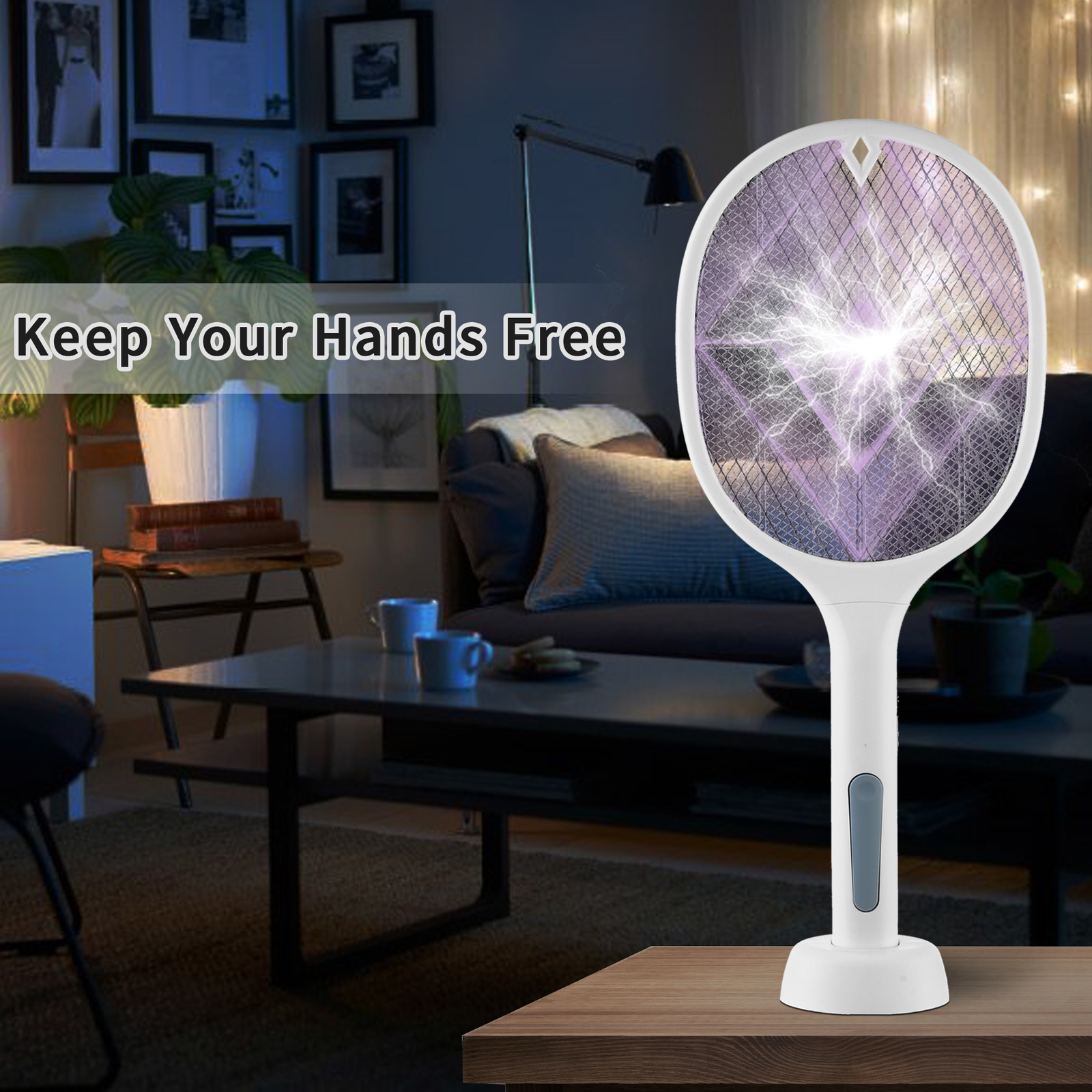 Rechargeable Dual-Mode Electric Fly Swatter Bug Zapper With Base, Lightweight