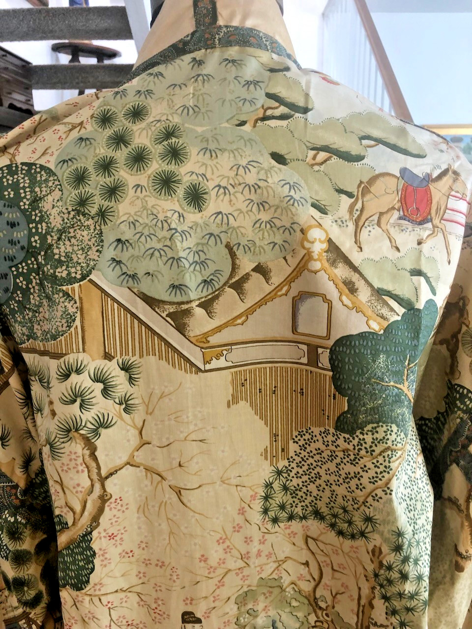 Handmade Cotton Kimono Robe with Obi Sash, Chinoiserie Print S