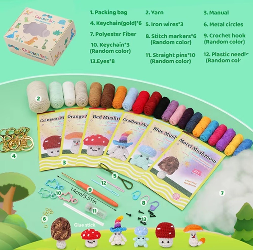 6 -Pack Colorful Mushroom Beginner Crochet Kit – DIY Craft with Video Tutorials