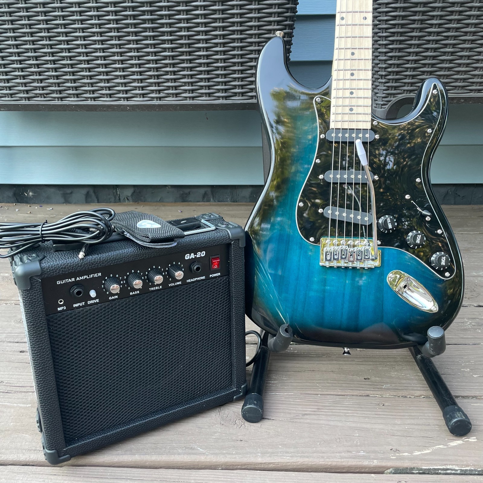 Blue Electric Guitar Starter Package with 20-Watt Amp and Accessories Full-Size