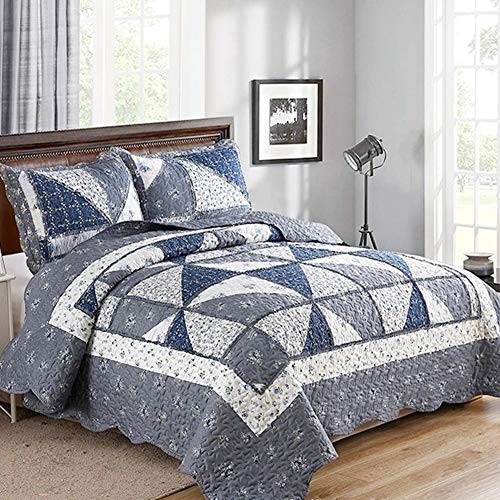 Patchwork Quilt Set Quilted Bedspread Coverlet Set 3-Piece King Size Grey