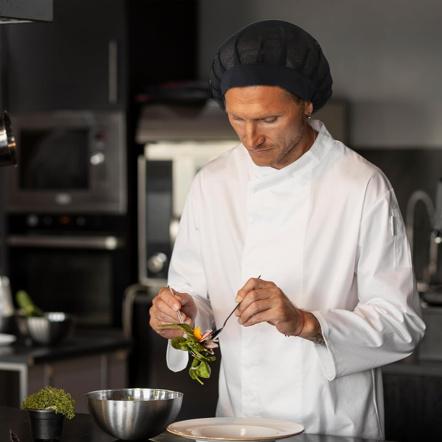 3 Pcs Chef Hats Hair Nets Adjustable Mesh Kitchen Cooking Beanie Caps Black