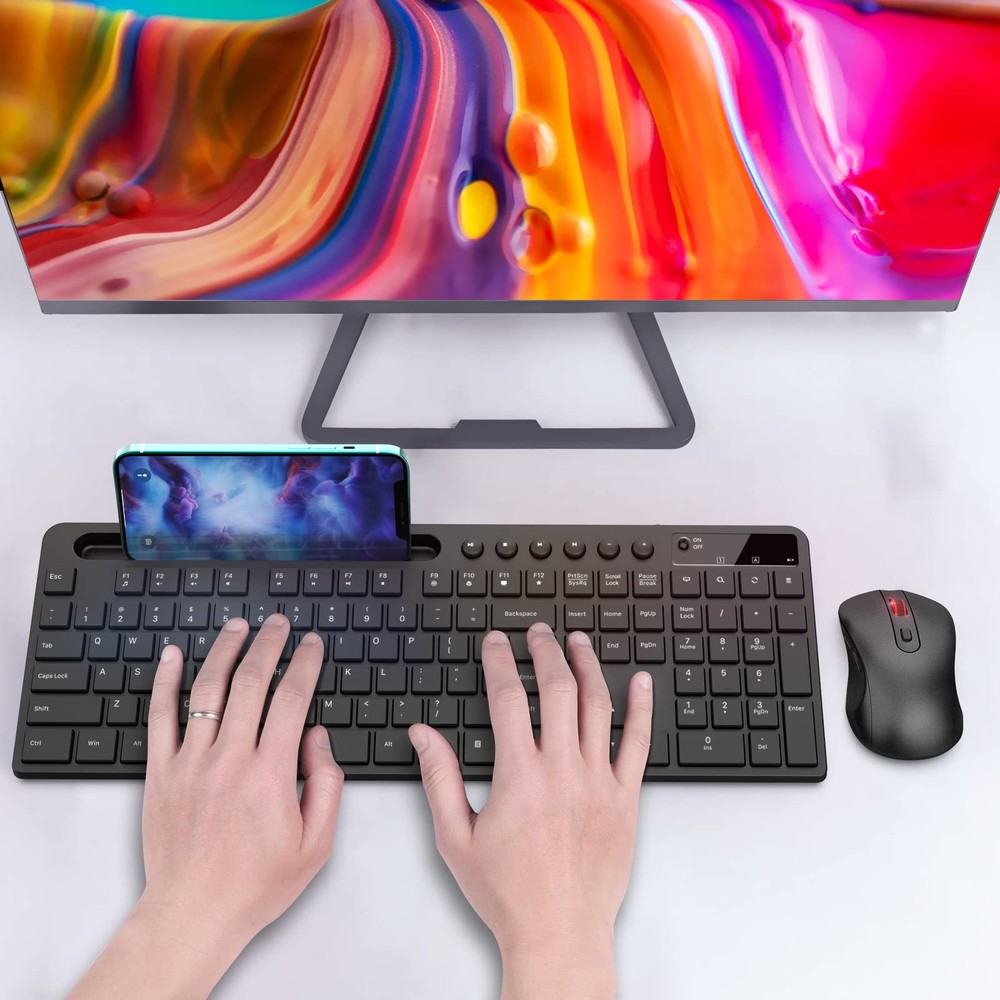 Ergonomic Wireless Keyboard Mouse Combo with Phone Tablet Holder Black
