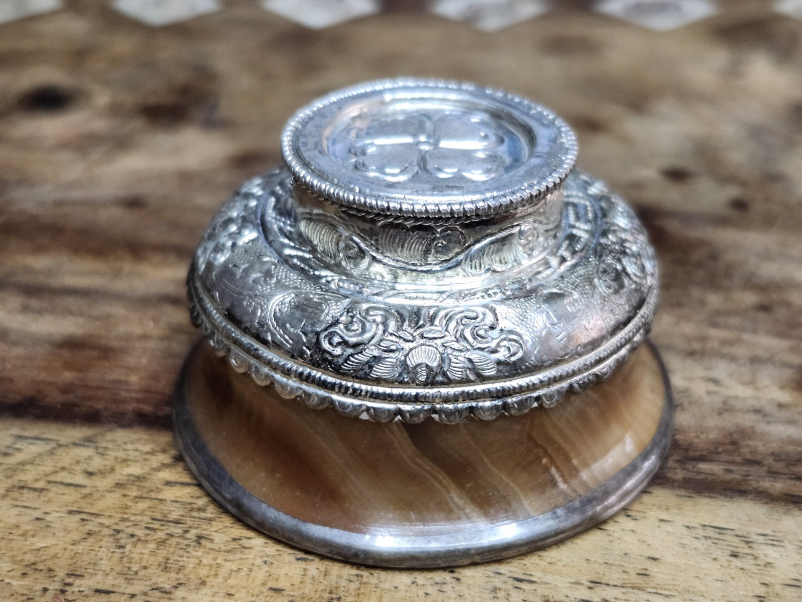 Tibetan Jha Phor Silver & Carved Stone Ritual Tea Bowl 2” Nepal 57.94 Grams