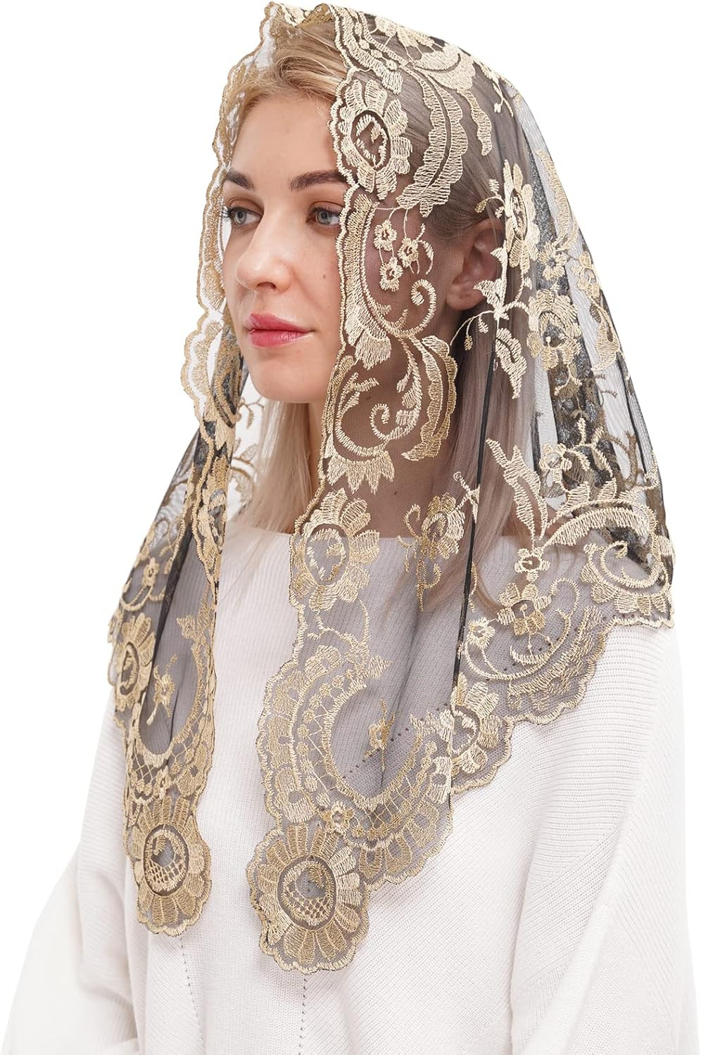Catholic Lace Mantilla Veil Embroidery Chapel Scarf for Church Mass