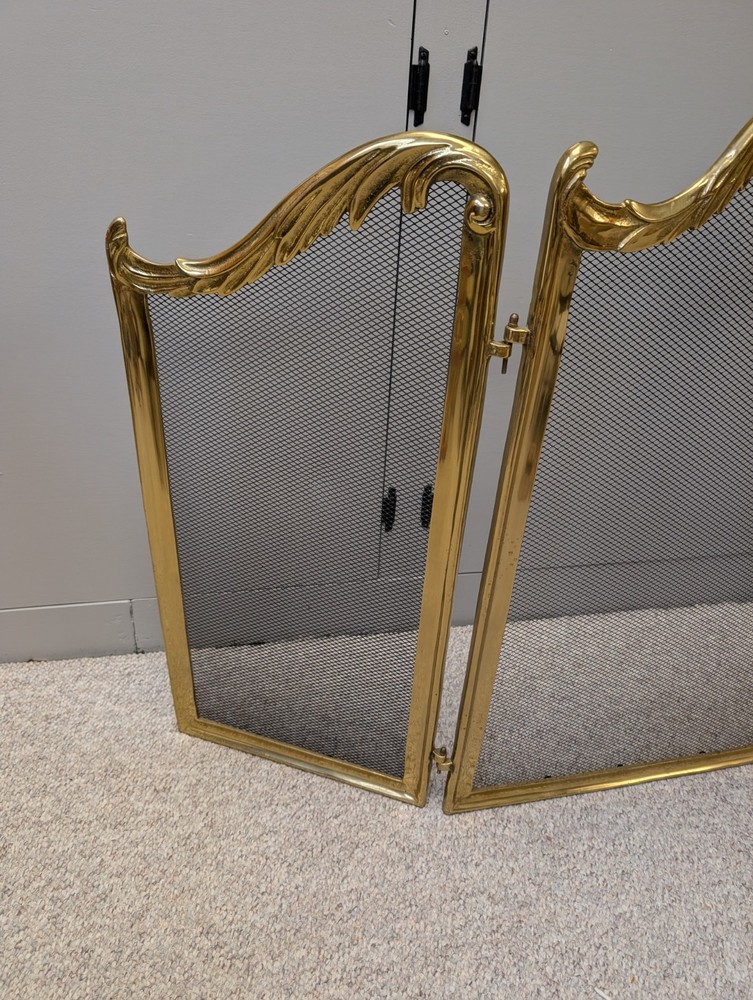 Vtg 3 Panel Fold Brass Shell Rose Fireplace Screen