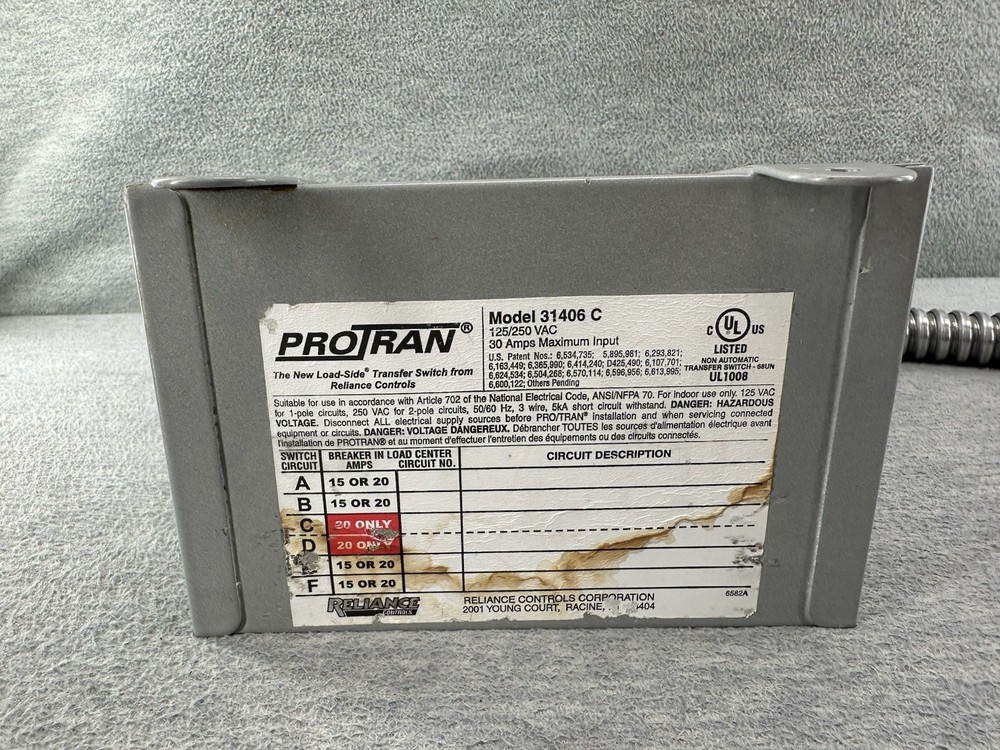 PROTRAN 31406C - Reliance Controls Generator Transfer Switch 125/250VAC