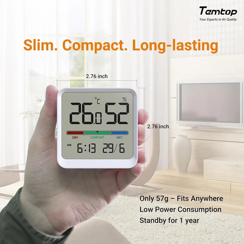 Temtop Digital Indoor Thermometer Hygrometer Temp Humidity Meter Clock Home