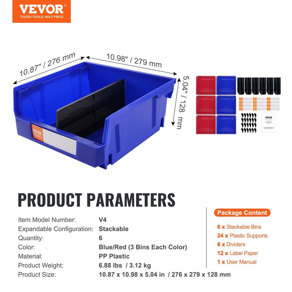 VEVOR Plastic Stackable Storage Bins 6 Pack (11 x 11 x 5-Inch), Hanging Storage