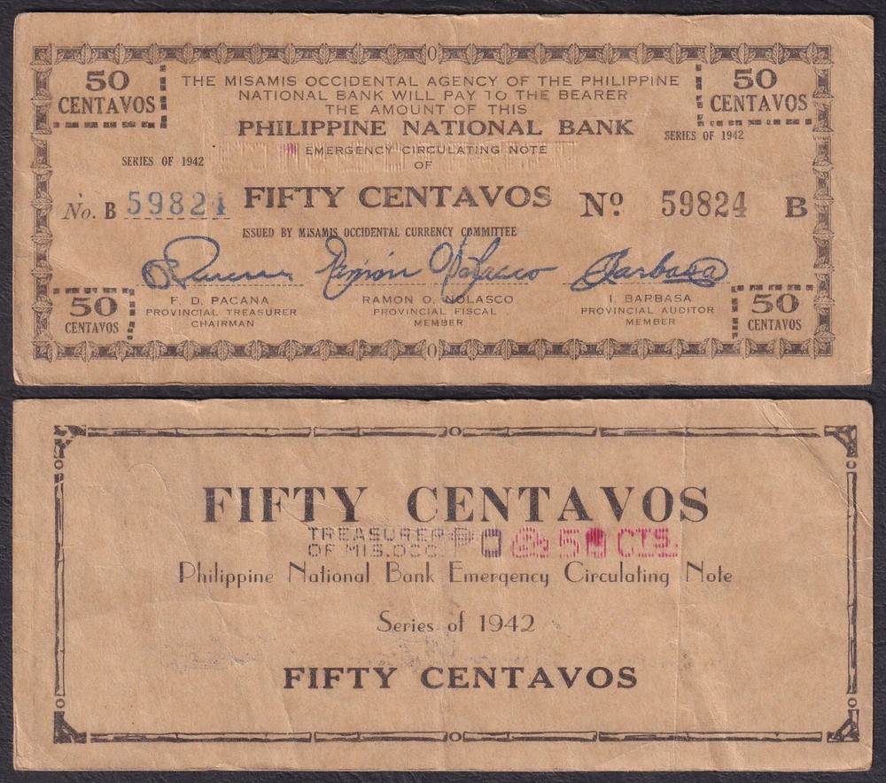 US Philippine MISAMIS OCCIDENTAL 50c w/ Blue & Red CHECK PROTECTOR at the back