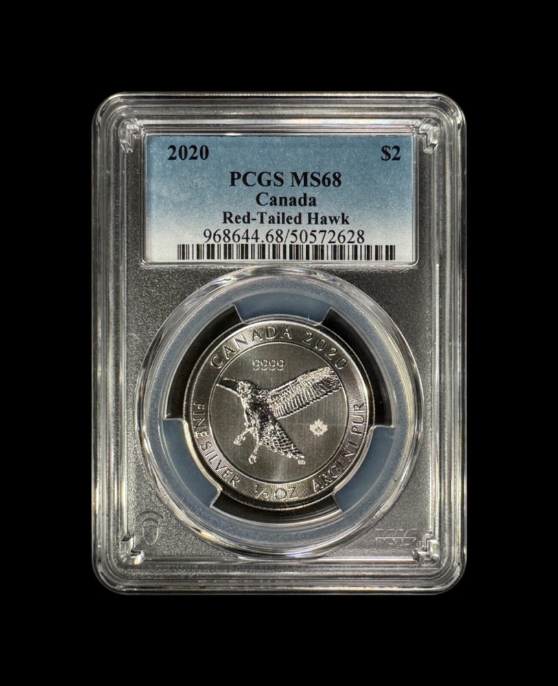 CANADA. 2020, 2 Dollars, Silver - PCGS MS68 - Top Pop 🥇 Red-Tailed Hawk, Maple