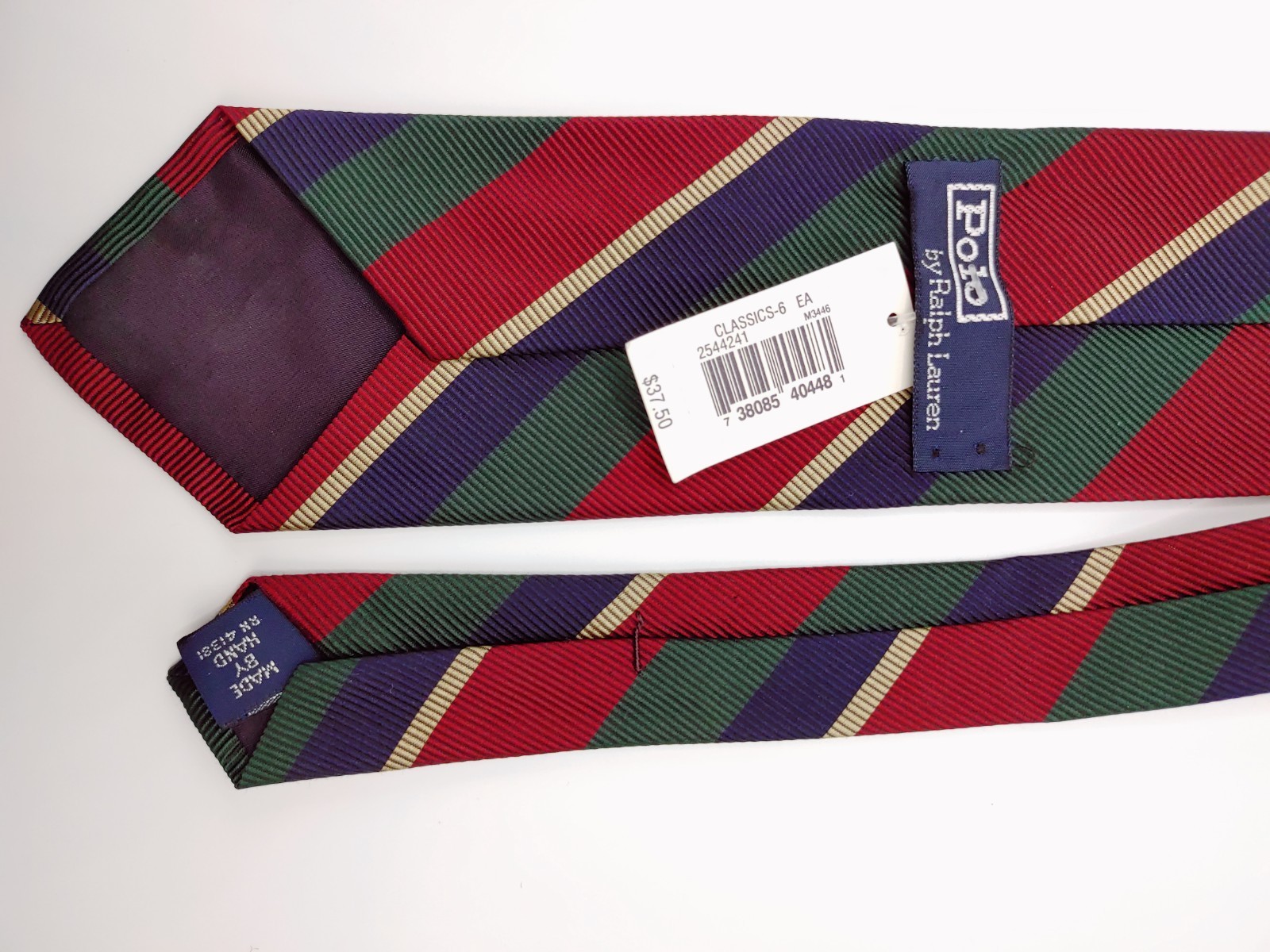 Vintage Polo Ralph Lauren Slim Skinny Short Tie Striped Navy Blue Green New Tan