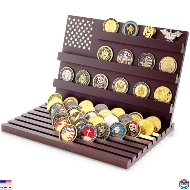 Premium Wooden Challenge Coin Display Stand - 11 Row Military Coin Holder Rack