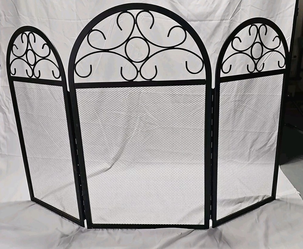 VTG Wrought Iron Decorative Fireplace Screen 3 Panel Black