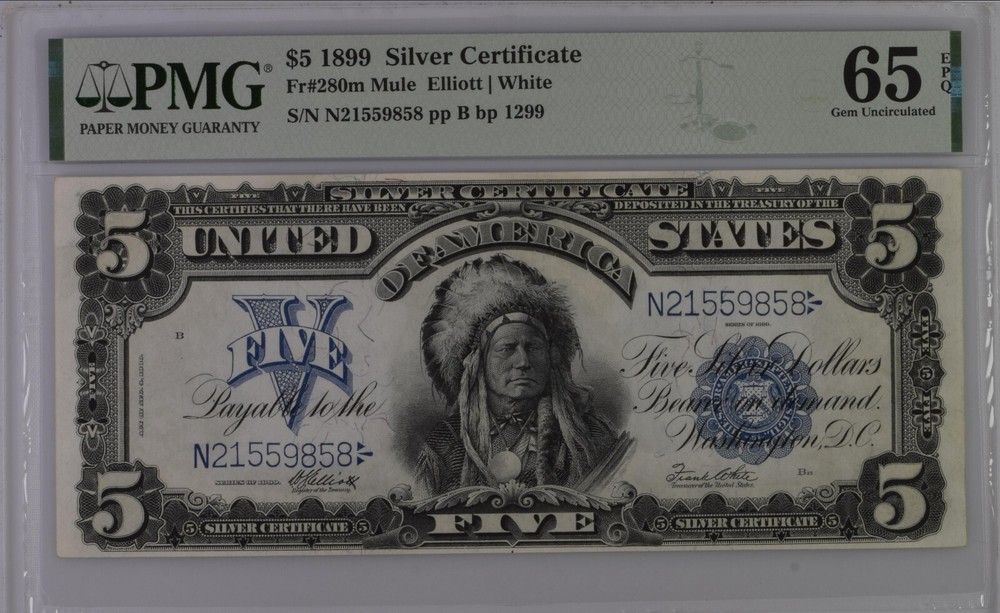 1899 $5 Silver Certificate "CHIEF" FR 280m PMG 65 EPQ - Exceptional "MULE NOTE"