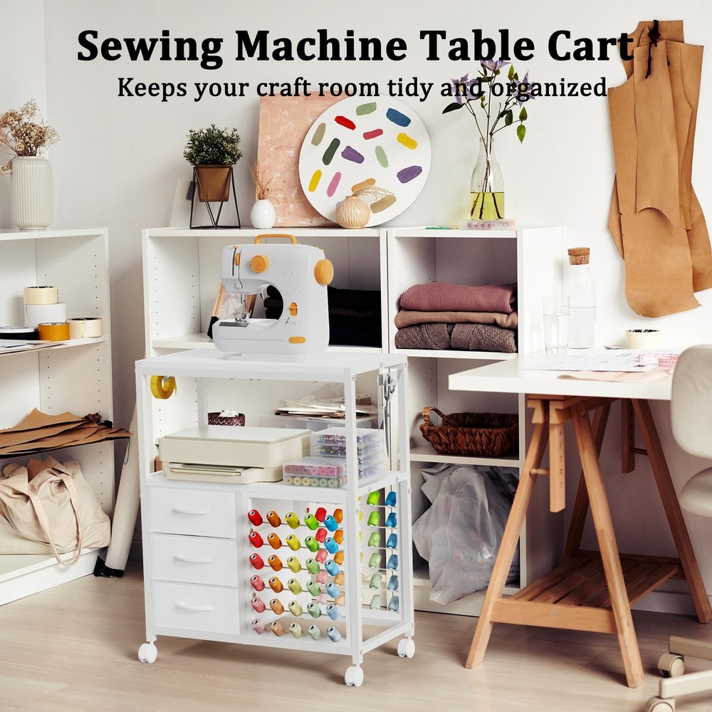 Sewing Table with 60 Spools Thread Holder and 3 Fabric Drawers, Rolling Sewin...
