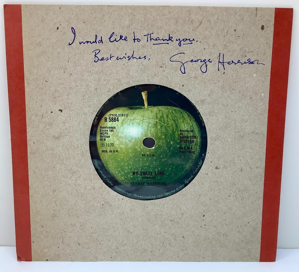 1970 George Harrison My Sweet Lord/What Is Life 45 Record Signed w/ Inscription