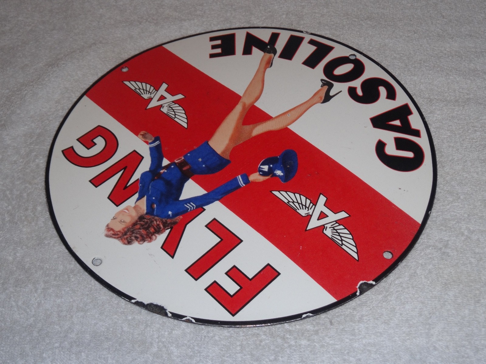 VINTAGE FLYING A AIRPLANE STEWARDESS WOMAN 11 3/4" PORCELAIN METAL GASOLINE SIGN