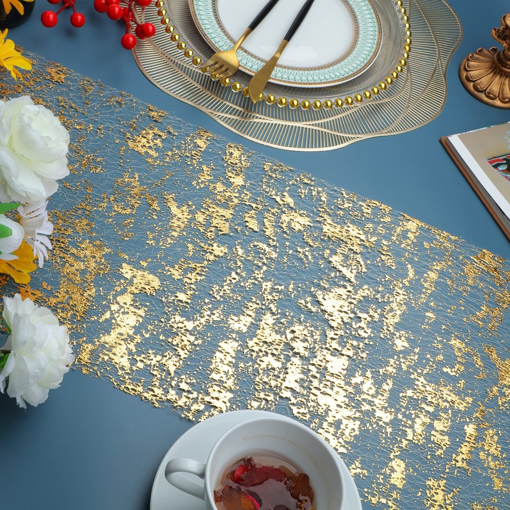 2 Pieces Gold Table Runner, Sequin Glitter Foil Metallic Thin Mesh Runner Rol...