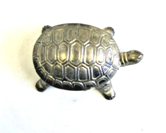 Vintage Silver Hinged Turtle Trinket Box, Figurine w/ Plastic Insert , 2.5" long