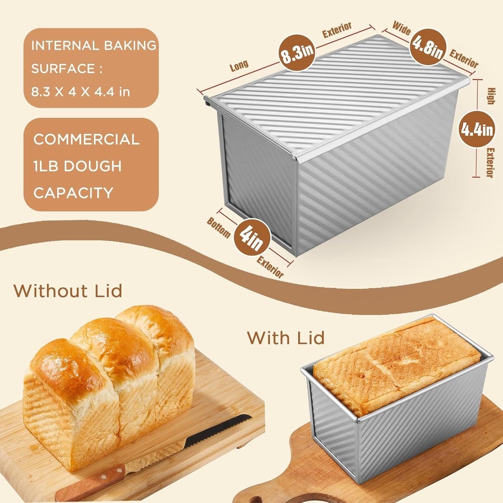 Pullman Loaf Pan with Lid, 1 lb Dough Capacity Non-Stick Bakeware for Baking ...