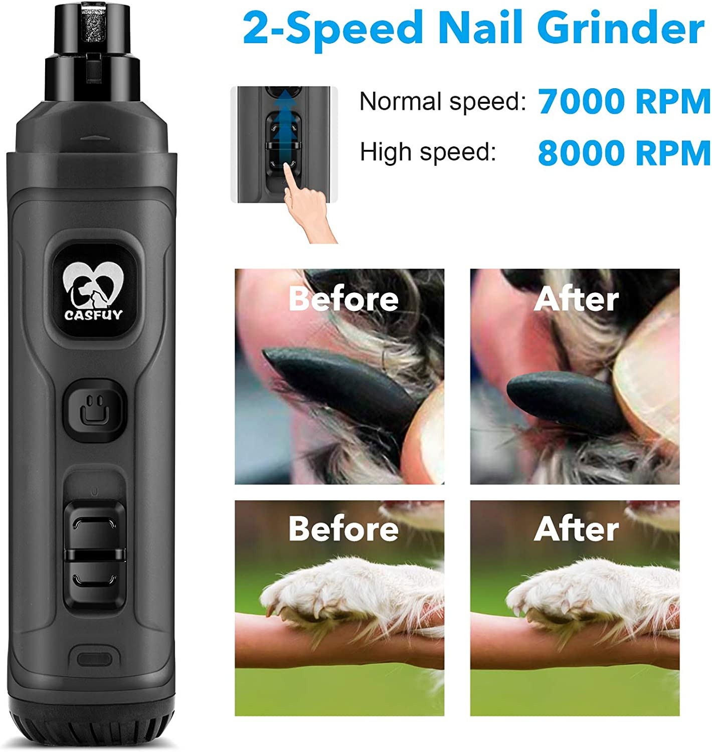 Dog Nail Grinder with 2 LED Light 2 Speed Electric Pet Nail Trimmer Quiet Grey.