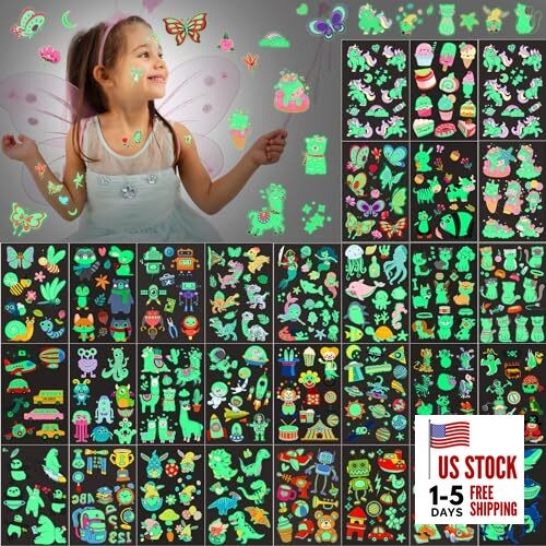 30 Sheets 400 Pieces Glitter Temporary Tattoos for Kids Luminous Pattern