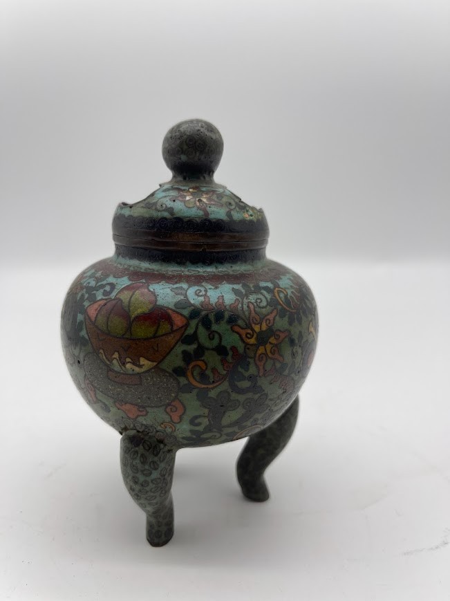 Antique Chinese cloisonné three-legged incense burner