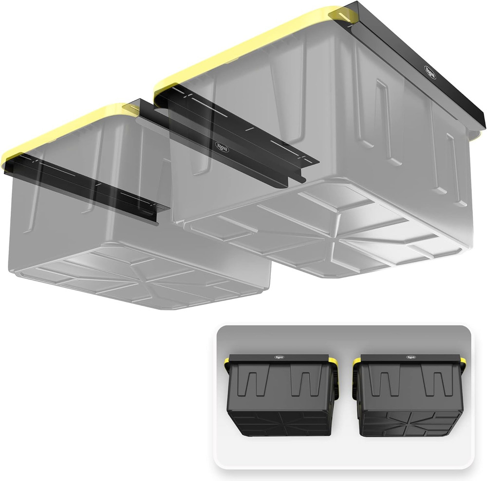 Heavy-Duty Overhead Garage Storage Rack for 2 Bins. Adjustable Width, 80Lb Capac