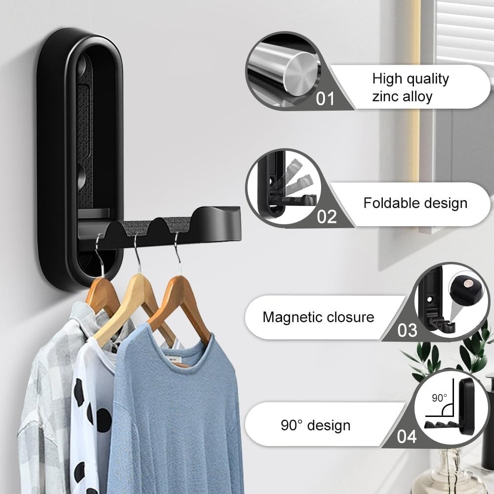Foldable Wall Hooks 2 Pack Black Space Saving Folding Hooks for Entryway Coat