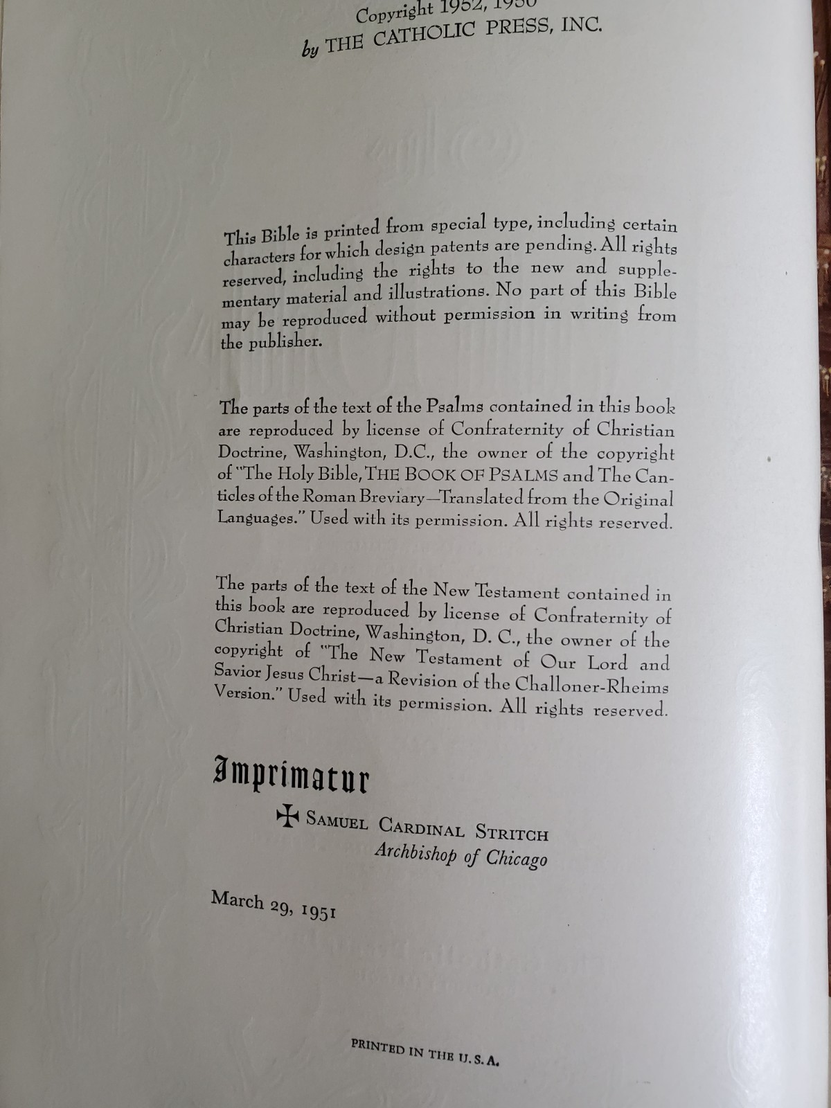 VTG Holy Bible Douay-Challoner & Confraternity Text 1951 White Illustrat Book