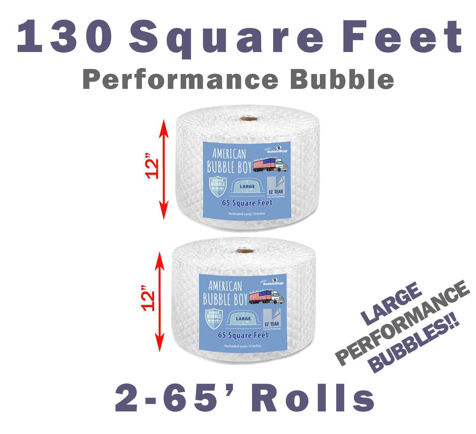 12", Large Performance Grade (1/2) American Bubble Boy Bubble Wrap - 130 Square