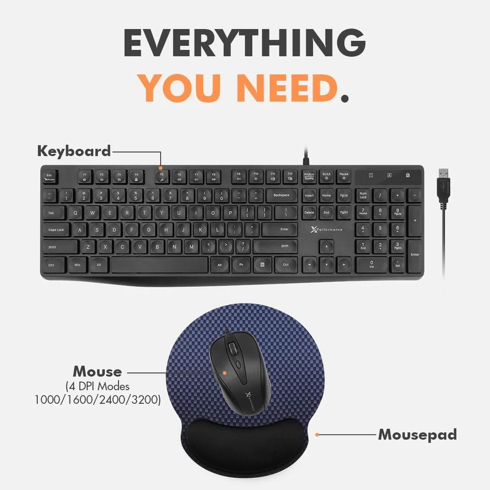 X9 Black Wired Keyboard Mouse Combo with Mouse Pad Ergonomic Full-Size USB