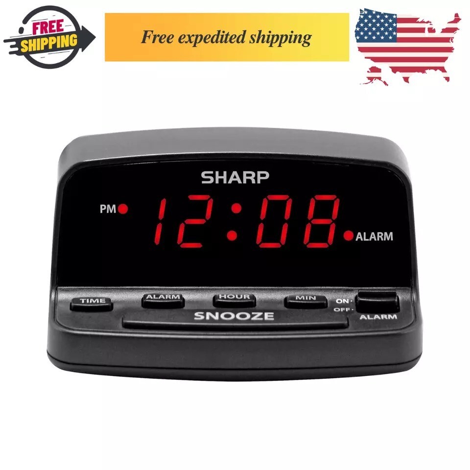 Digital Alarm Clock, SHARP, Midnight Black, Easy Controls, Red LED Display
