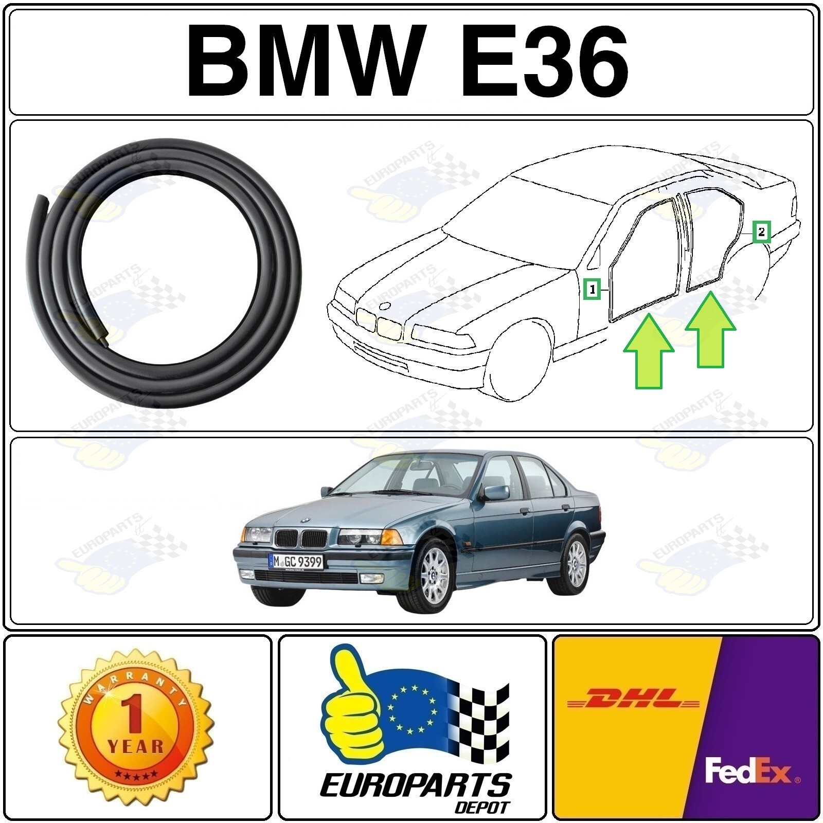 1991-1998 BMW E36 Sedan 4-Piece Door Rubber Seal Weatherstrip Set