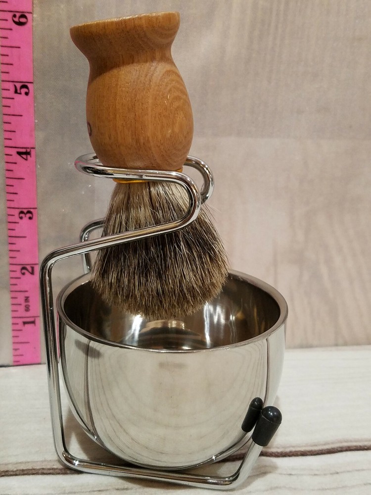 SHAVING GROOMING SET BRUSH CONTAINER & STAND CHROME ELEGANT BE MANLY READ