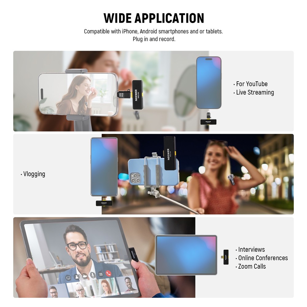 NEEWER KM23D Wireless Lav Mic for iPhone/Android/PC, 40m Range, 1RX+2TX