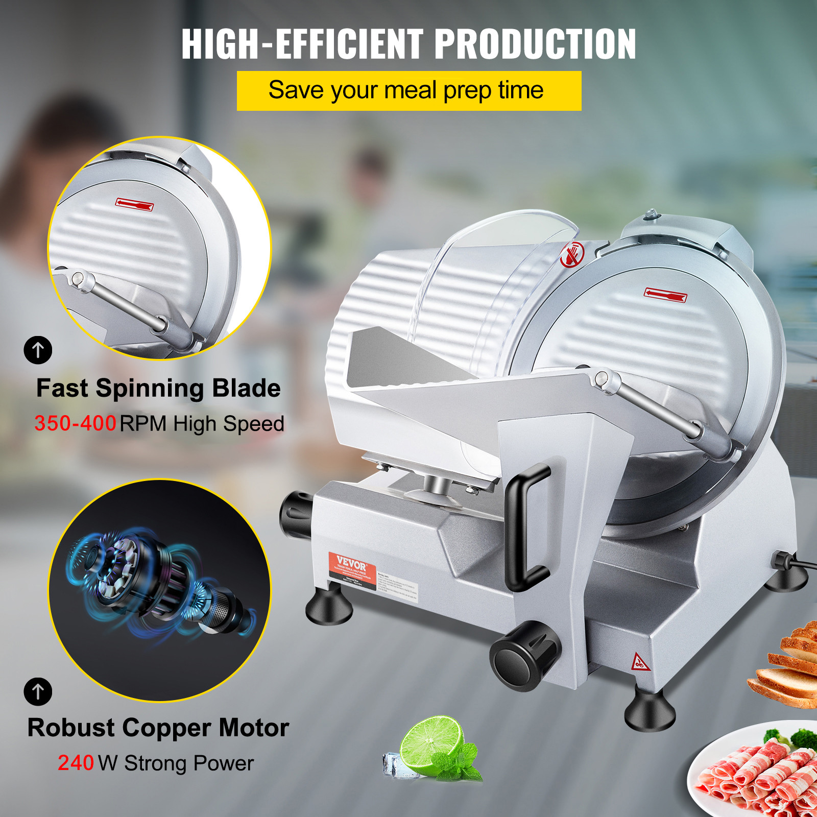 VEVOR Commercial Electric Meat Slicer Deli Food Cutter 10" Blade 240W 350-400RPM