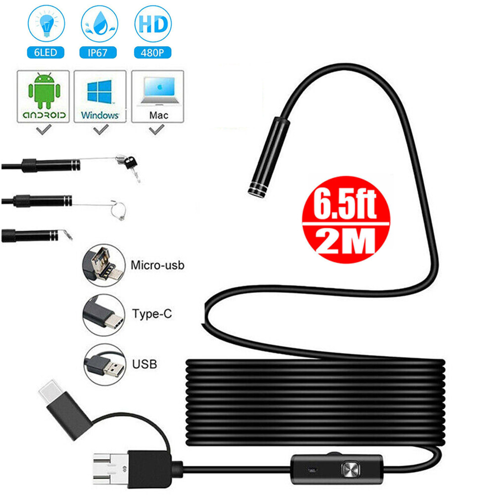 2M Snake Endoscope Borescope 7mm Inspection USB Type-C Camera Scope For Android