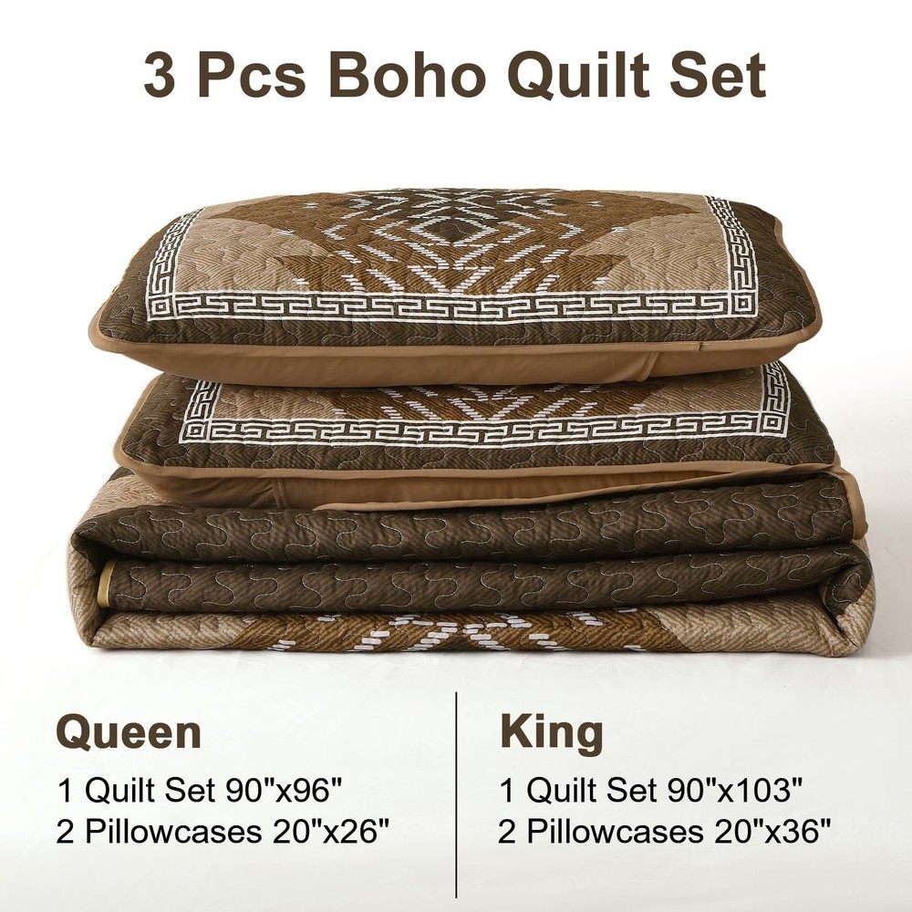 Dintszyayue Brown Quilt Set Queen Size,3 Piece Boho Aztec Texture Bedspread C...
