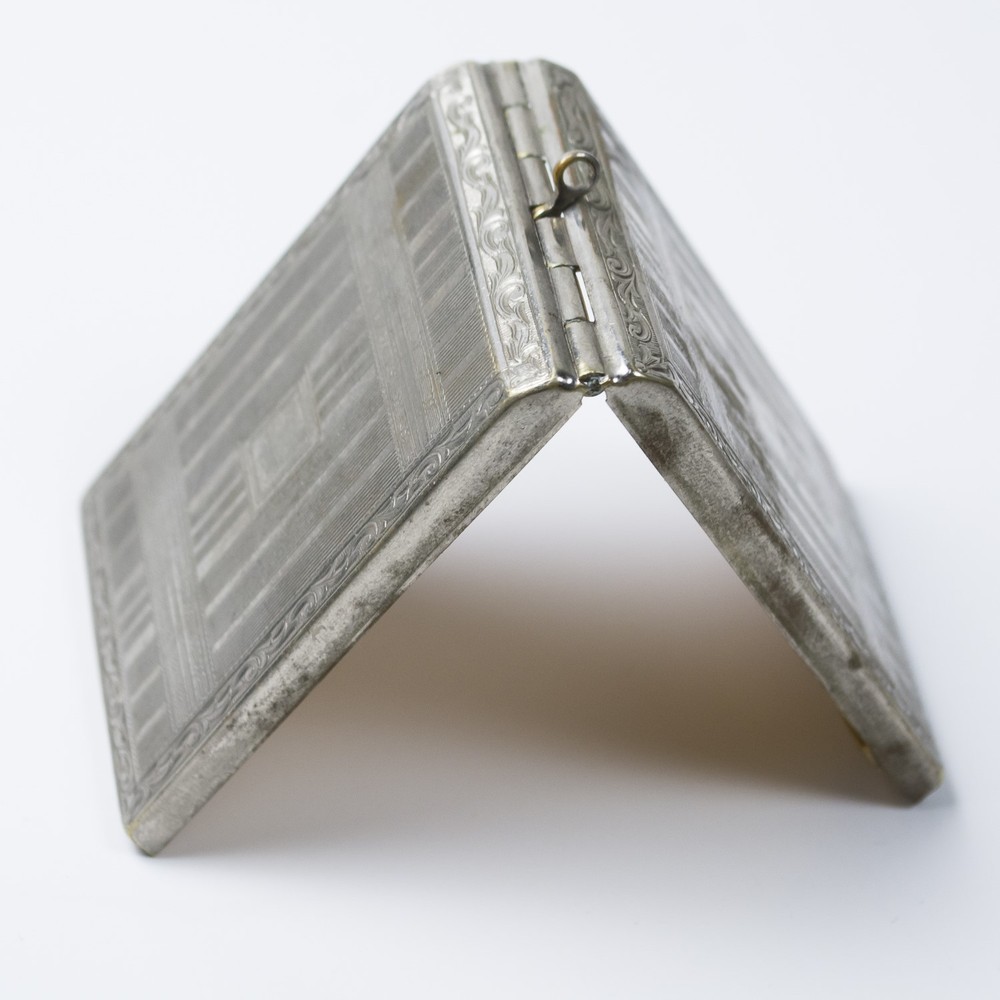 Vintage Silver Plated Ladies Hinged Fob Case 2.25" Etched Pinstripe Compact