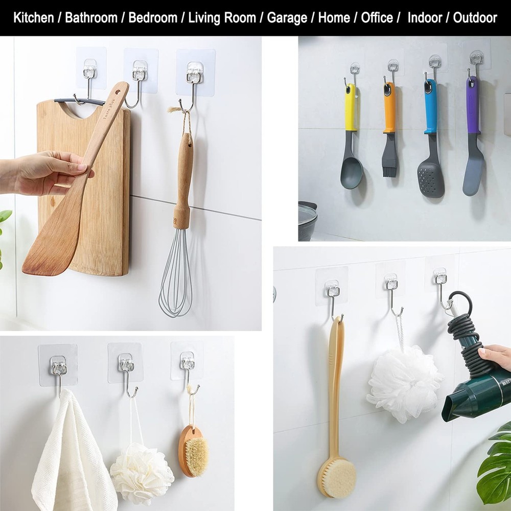 15 pack Large Adhesive Wall Hooks, Damage-Free Waterproof Rustproof 33Ib Max ...