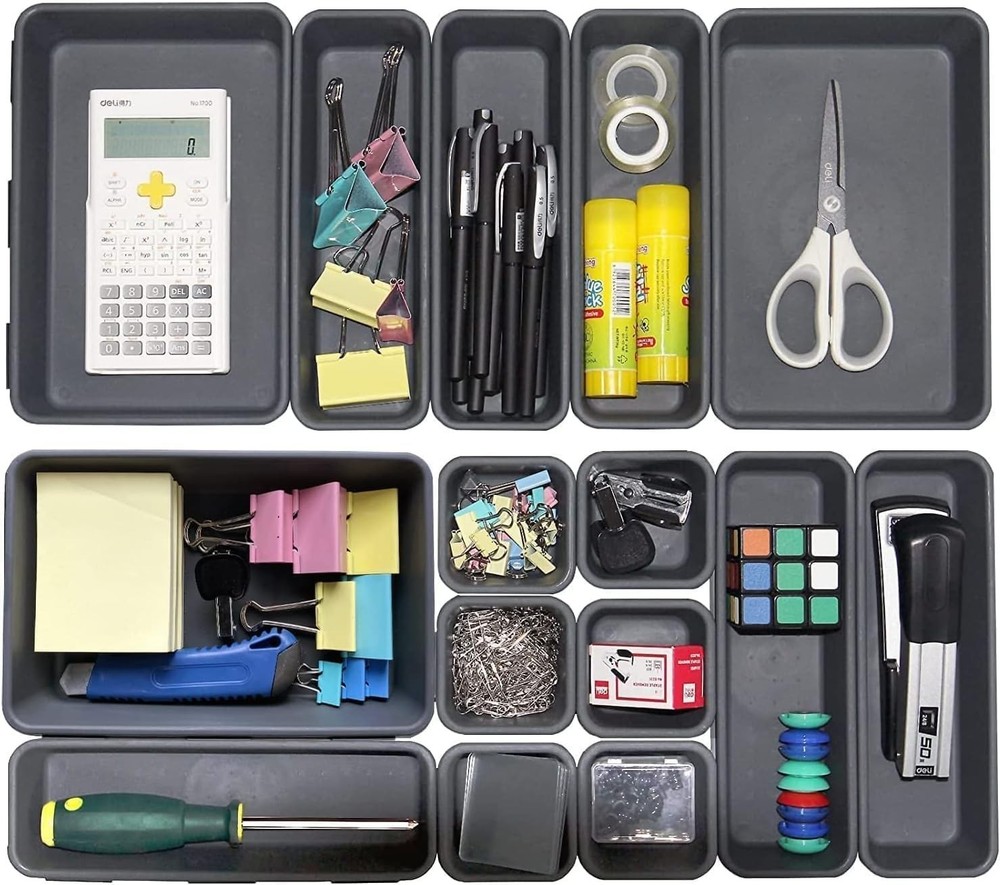 15-Piece Interlocking Drawer Organizer Set - Elegant Storage Solution in Black