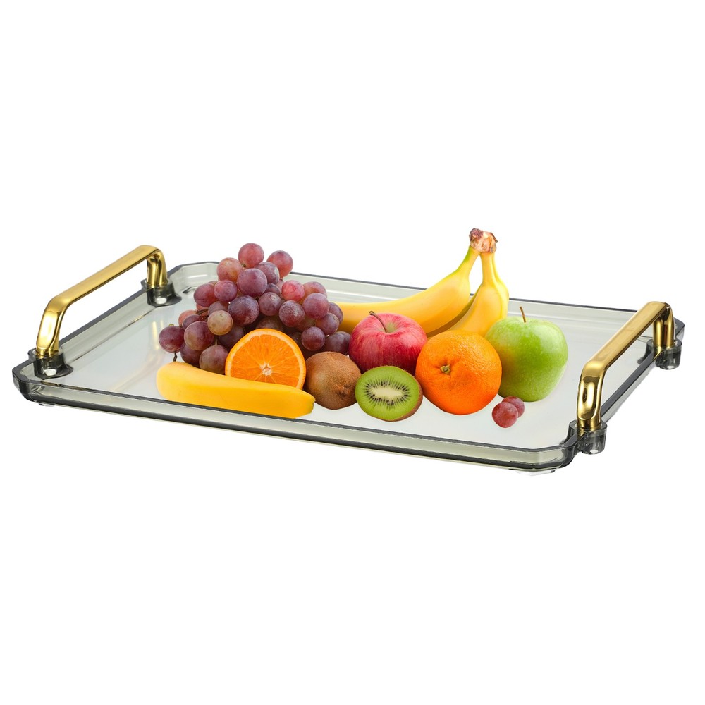 12 x 8.6" Plastic Serving Tray with Golden Handle, Clear Green