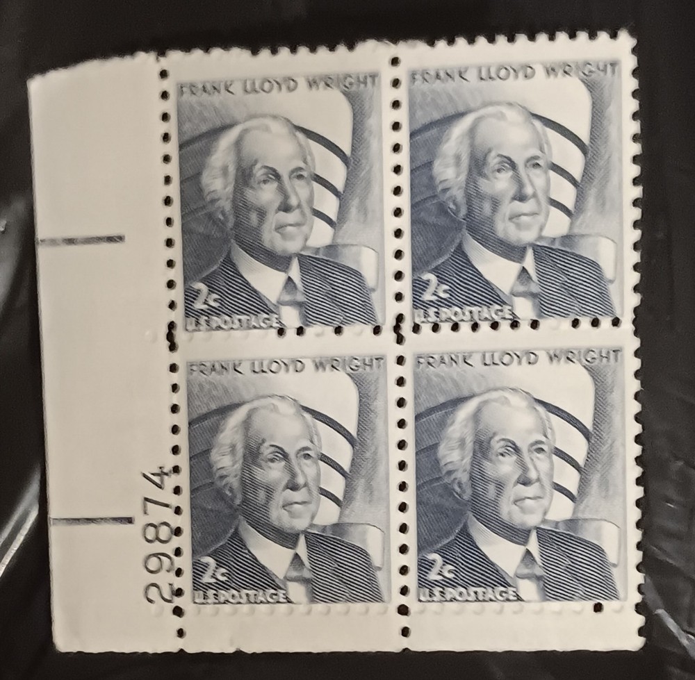 US Scott 1280 2c Frank Lloyd Wright Plate Block MISPERF Error Blind Perfs EFO
