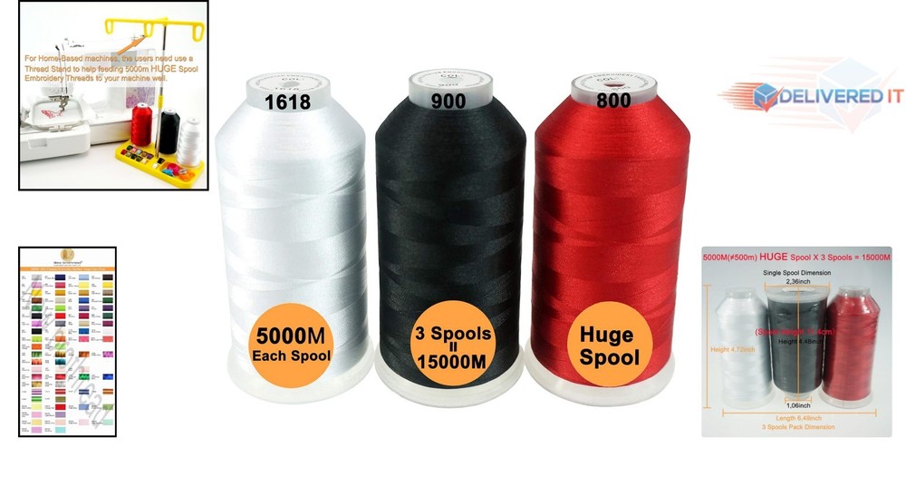 Assorted Polyester Embroidery Thread Spools 5000M-3 Pack All Colors for Machi...